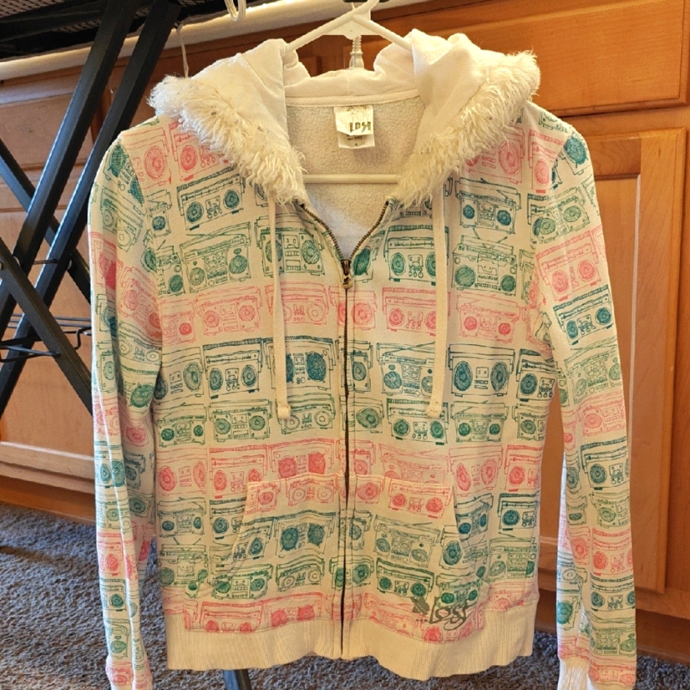 Colorful Graphic Hoodie with Faux Fur Trim